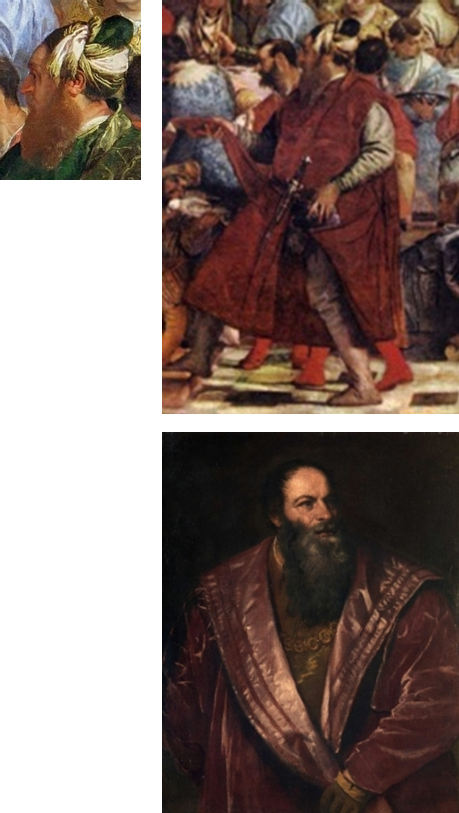 Figure 14. Up: Pietro Aretino in the current canvas and in The Wedding, dressed in red before the restoration of 1992. Down: Pietro Aretino by Titian, 1545. Pitti Palace. 