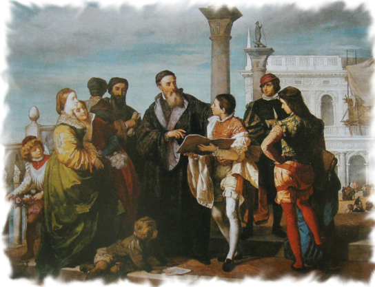 Tiziano conoce al joven Veronés sobre el puente de Paglia, por Antonio Zona, 1861. Galería Internacional de Arte Moderno de Ca’ Pesaro, Venecia.